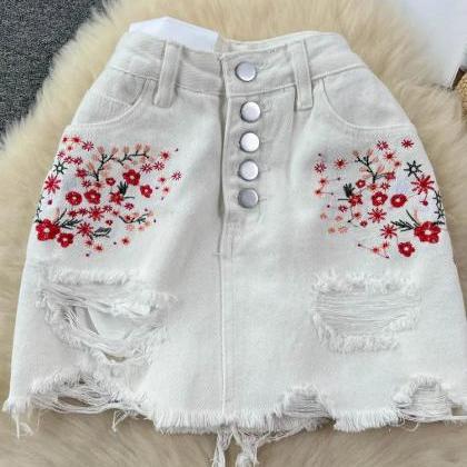 Womens Floral Embroidered Denim Skirt With Frayed..