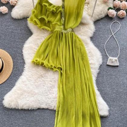 Elegant Green Chiffon Ruffle Collar Maxi Dress..