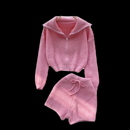 Womens Pink Knitted Hoodie And Shorts Set Casual