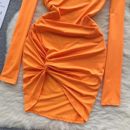 Elegant Long Sleeve Twist Front Satin Dress Orange