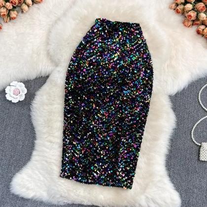 Womens High-waisted Sequined Pencil Skirt For..