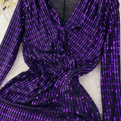 Elegant Purple Sequined Long-sleeve V-neck..