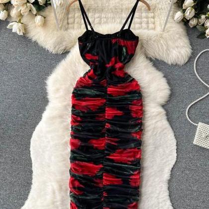 Elegant Floral Ruched Midi Slip Dress For Women