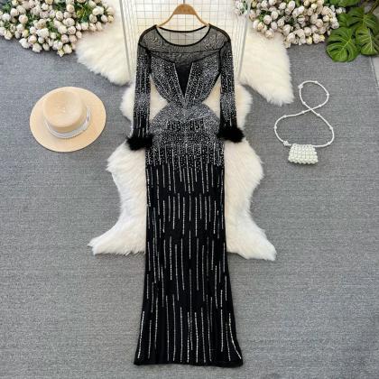 Elegant Long Sleeve Sequin Gown With Faux Fur..