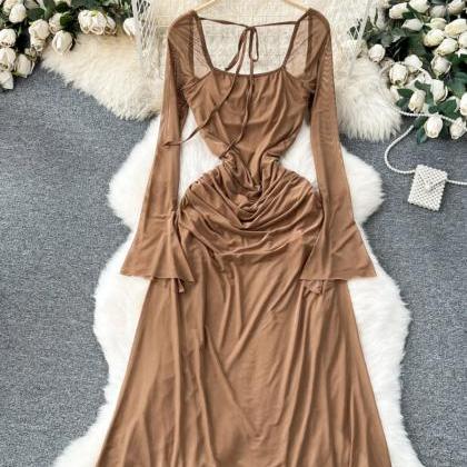 Elegant Long Sleeve Ruched Evening Gown With Train