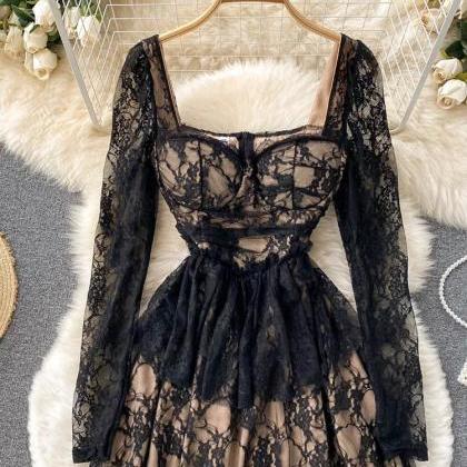 Elegant Long Sleeve Black Lace Cocktail Dress