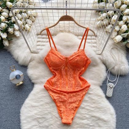 Womens Elegant Orange Lace Bodysuit With Matching..