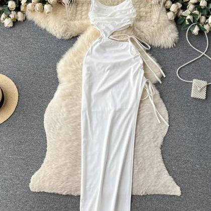 Elegant White Side-tie Sleeveless Evening Gown..