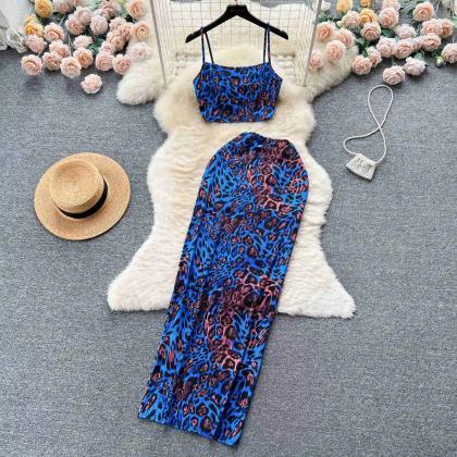 Womens Blue Leopard Print Summer Dress With..