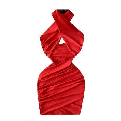 Elegant Red Halter Neck Cocktail Party Dress Women