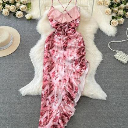 Elegant Floral Satin Maxi Dress With Crossover..