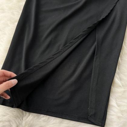 Elegant V-neck Black Midi Wrap Dress With Belt