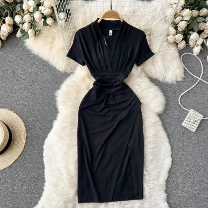 Elegant V-neck Black Midi Wrap Dress With Belt