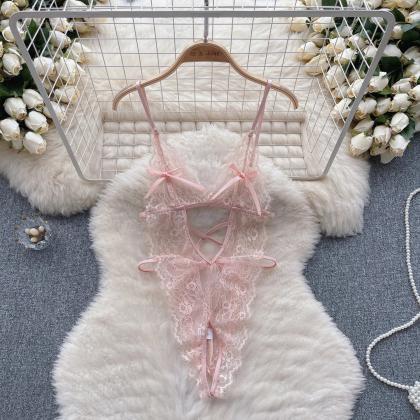 Womens Delicate Pink Lace Bodysuit Lingerie With..