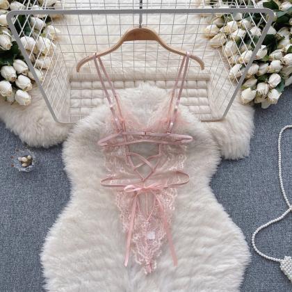 Womens Delicate Pink Lace Bodysuit Lingerie With..