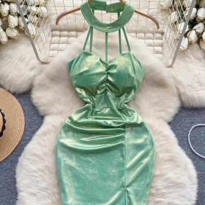 Womens Satin Halter Neck Mini Dress In Green