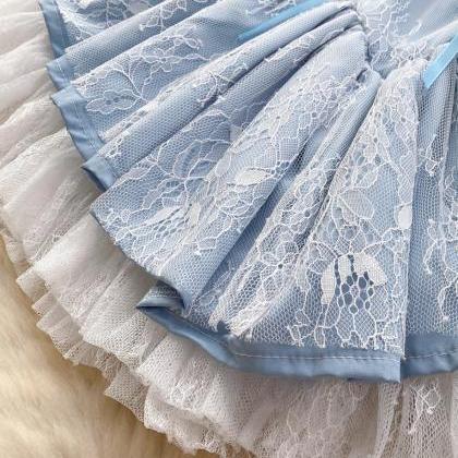 Womens Blue Lace Layered Ruffle Dress With Straps