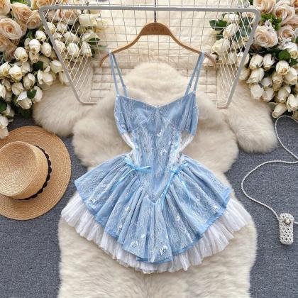 Womens Blue Lace Layered Ruffle Dress With Straps
