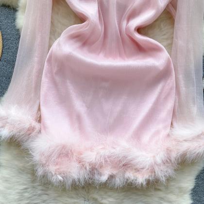 Pink Sheer Long Sleeve Dress With Fluffy Trim
