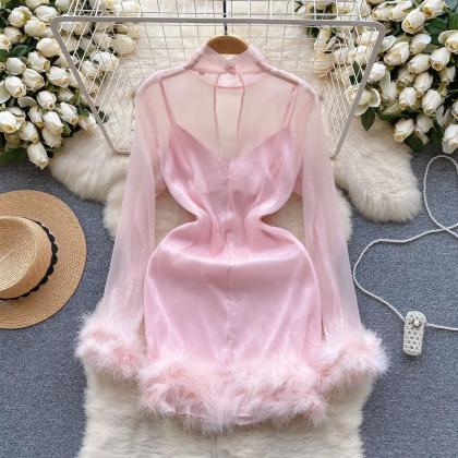 Pink Sheer Long Sleeve Dress With Fluffy Trim