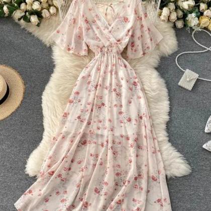 Floral Print V-neck Ruffle Sleeve Maxi Dress