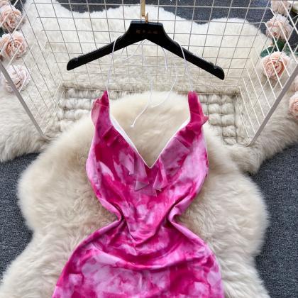 Elegant Pink Tie-dye Halter Neck Maxi Dress