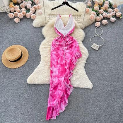 Elegant Pink Tie-dye Halter Neck Maxi Dress
