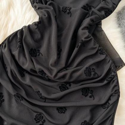 Elegant Black Sheer Sleeve Dress With Floral..