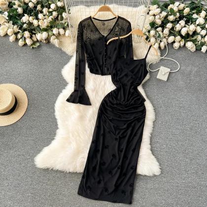 Elegant Black Sheer Sleeve Dress With Floral..
