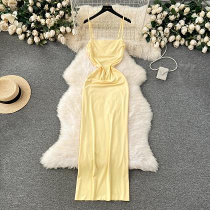 Elegant Yellow Satin Slip Dress For Evening Events