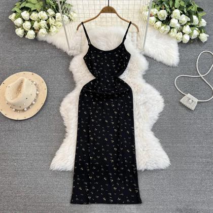Elegant Floral Print Black Midi Summer Dress..
