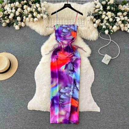 Womens Strapless Tie-dye Bodycon Midi Summer Dress