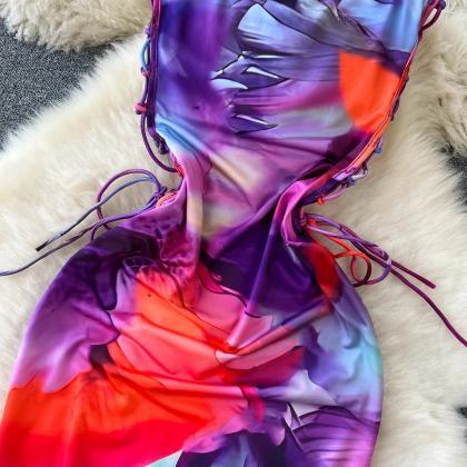 Womens Strapless Tie-dye Bodycon Midi Summer Dress