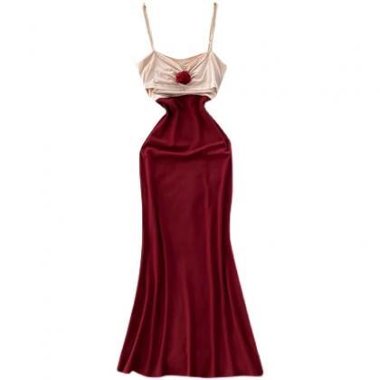 Elegant Burgundy Satin Halter Neck Evening Gown