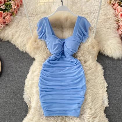 Elegant Puff Sleeve Knot Front Bodycon Mini Dress