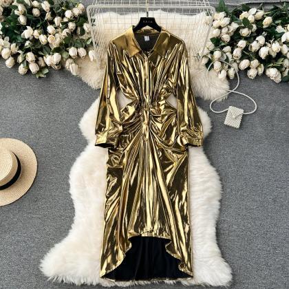 Luxurious Gold-tone Buttoned Satin Shirt Dress For..