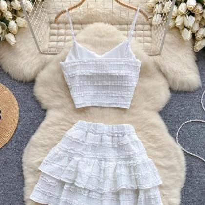 Womens Summer Ruffled White Crop Top And Skirt Set