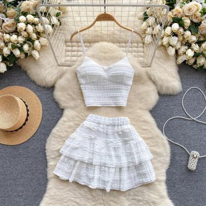 Womens Summer Ruffled White Crop Top And Skirt Set
