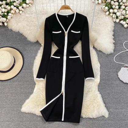 Elegant Black Zip-front Dress With White Piping..