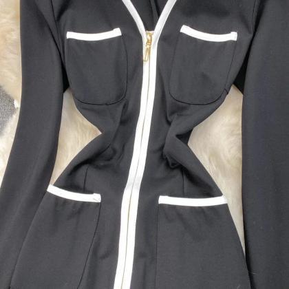 Elegant Black Zip-front Dress With White Piping..