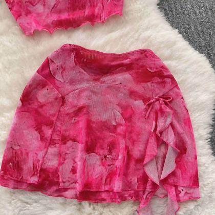 Womens Pink Sheer Crop Top And Skirt Set