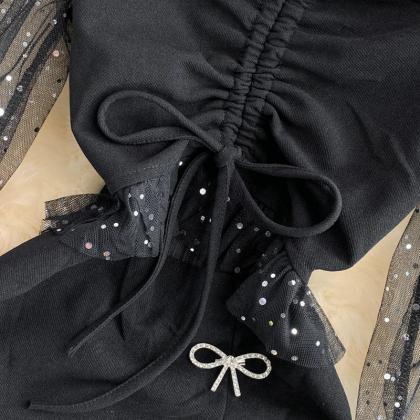 Womens Elegant Black Sheer Sleeve Bow-tie Blouse