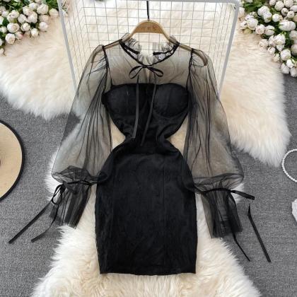 Elegant Sheer Sleeve Black Lace Cocktail Dress