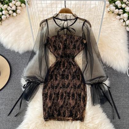 Elegant Sheer Sleeve Black Lace Cocktail Dress