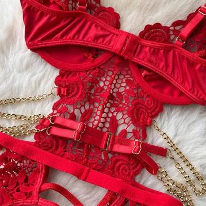 Sexy Red Lace Lingerie Set With Garter Belt