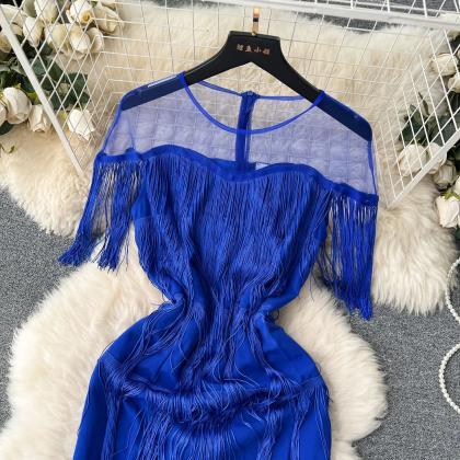 Elegant Royal Blue Tassel Evening Gown With Sheer..