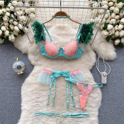 Womens Feather Accents Lingerie Set With Garter..