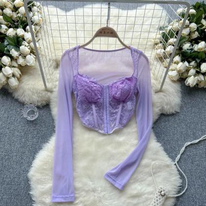 Long Sleeve Sheer Lace Corset Top In Pink