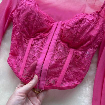 Long Sleeve Sheer Lace Corset Top In Pink