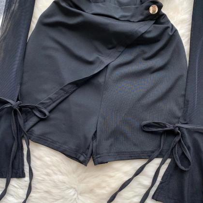 Sheer Sleeve Tie-waist Black Bodysuit With Cups